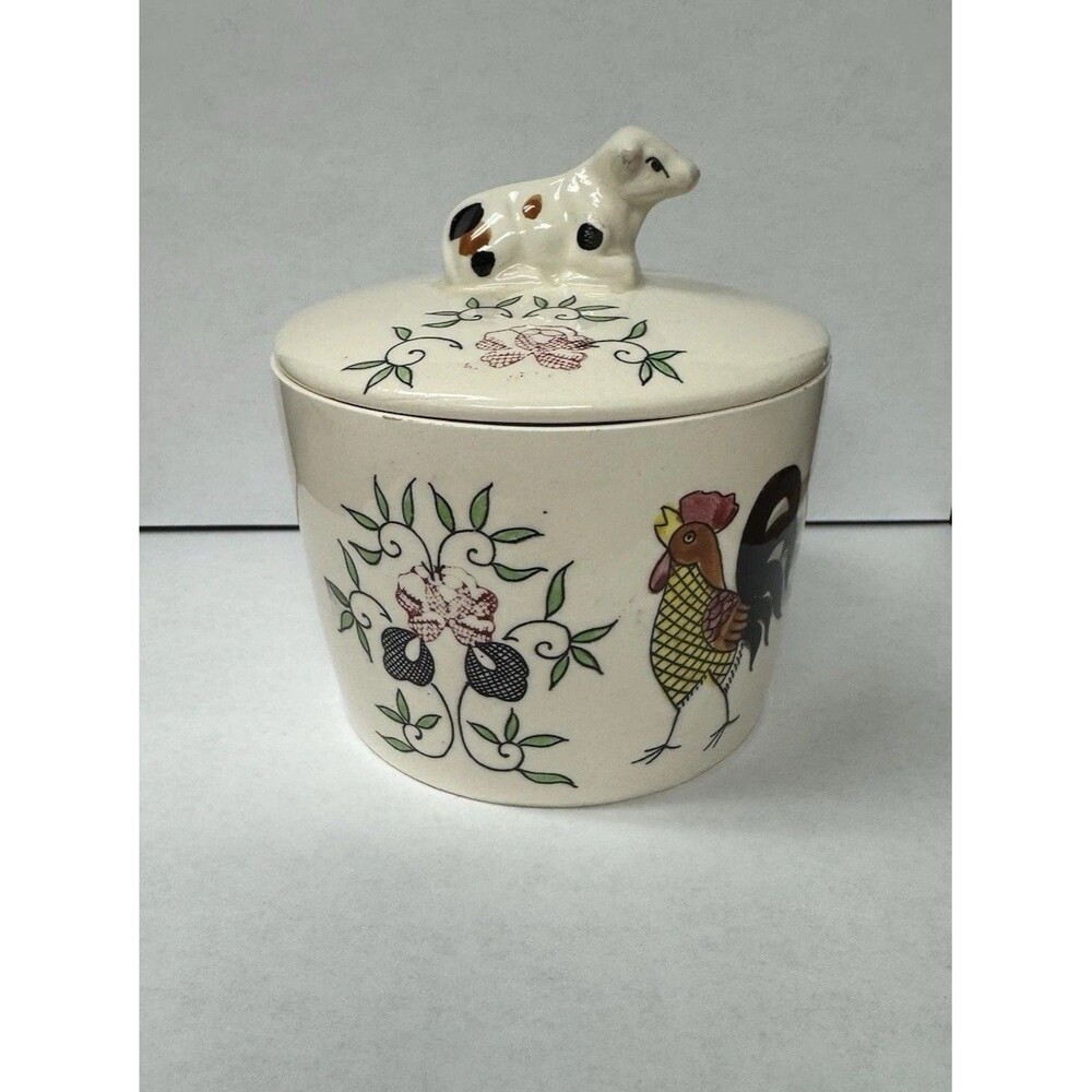 VTG Ceramic Butter or Grease Jar Cow Figural Handle , Painted Rooster Folk Art
